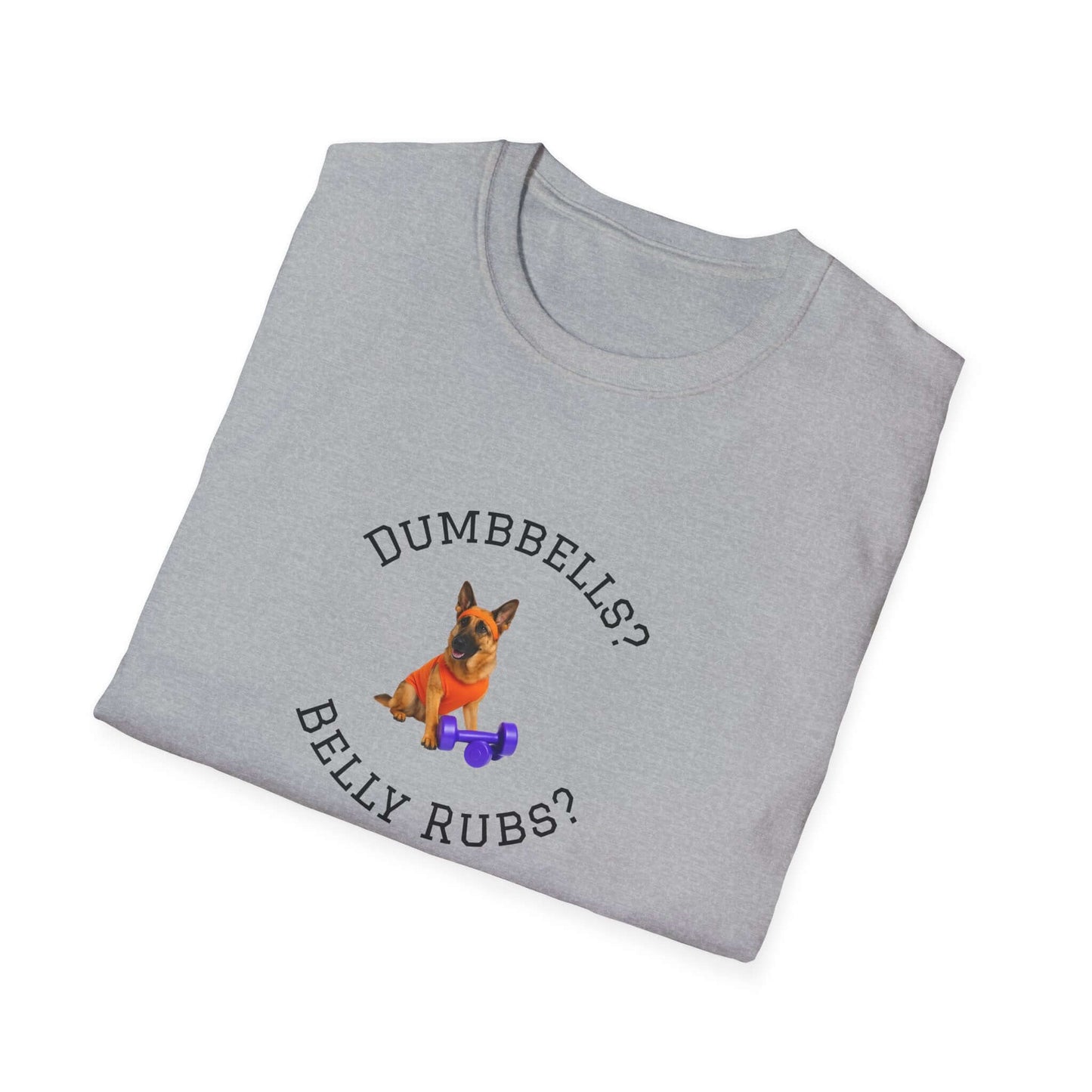German Shepard Dog Lover Workout Tee –“Belly Rubs or Dumbbells?” featuring a cute pup and dumbbells.