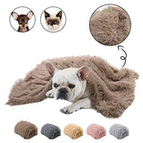 Dog lying on a fluffy brown blanket with close-up of texture and color swatches.
