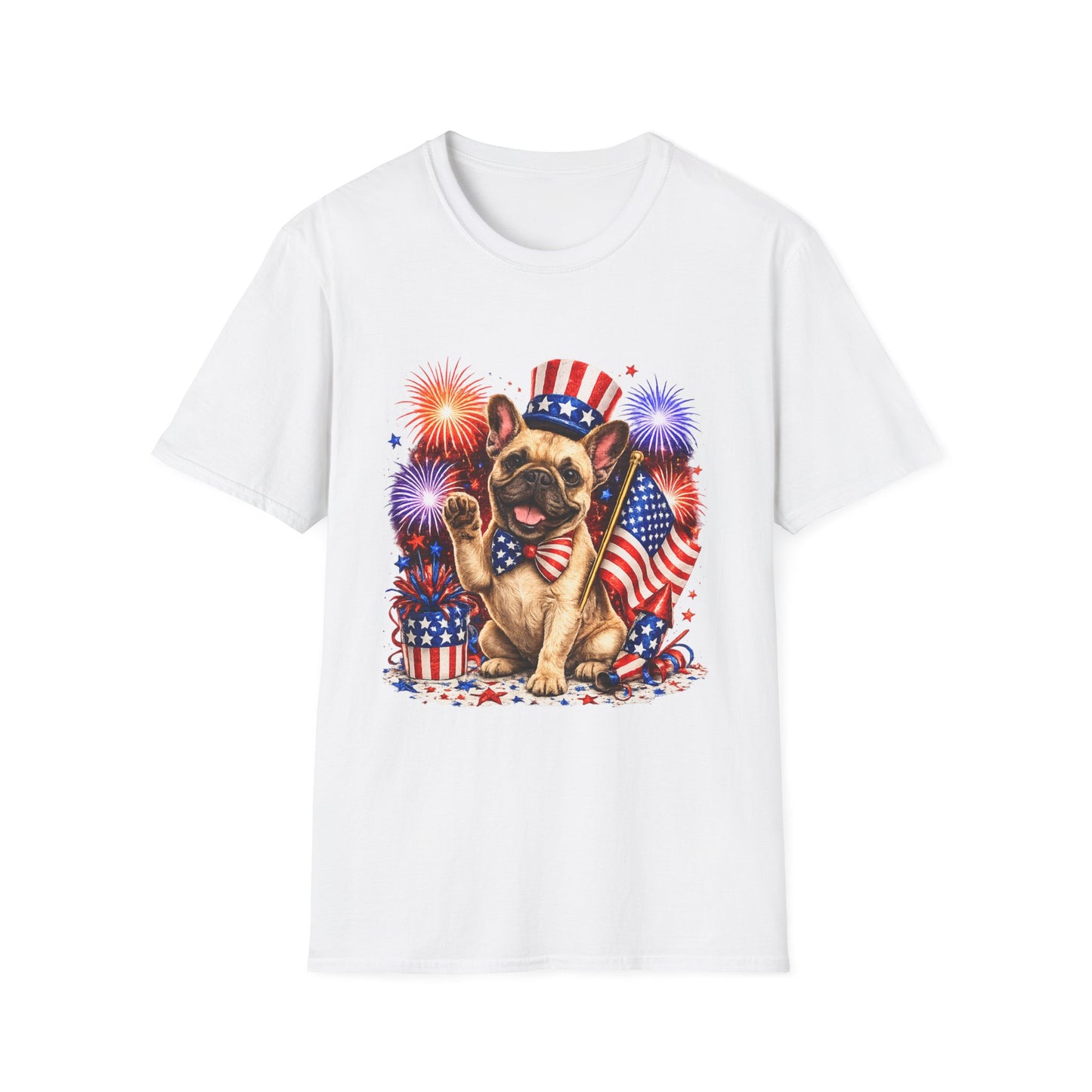 White t-shirt with a dog graphic featuring American flags and fireworks on a white background