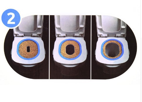 Three views of a toilet seat with a close-up of the interior, showing a brownish substance.