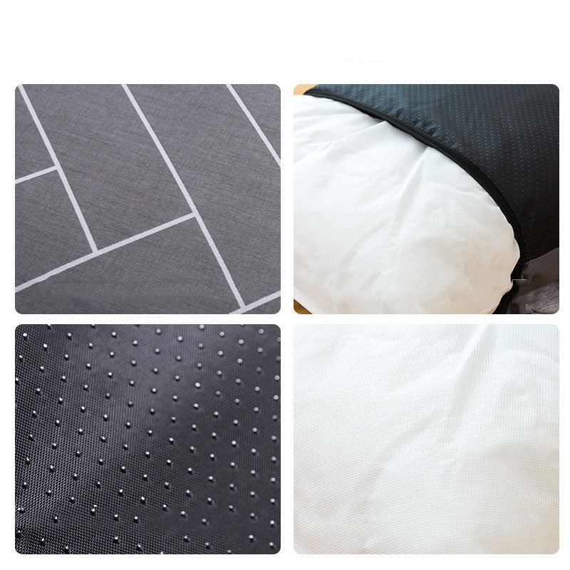 Collage of different textured mats and a pillow on a white background