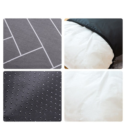 Collage of different textured mats and a pillow on a white background