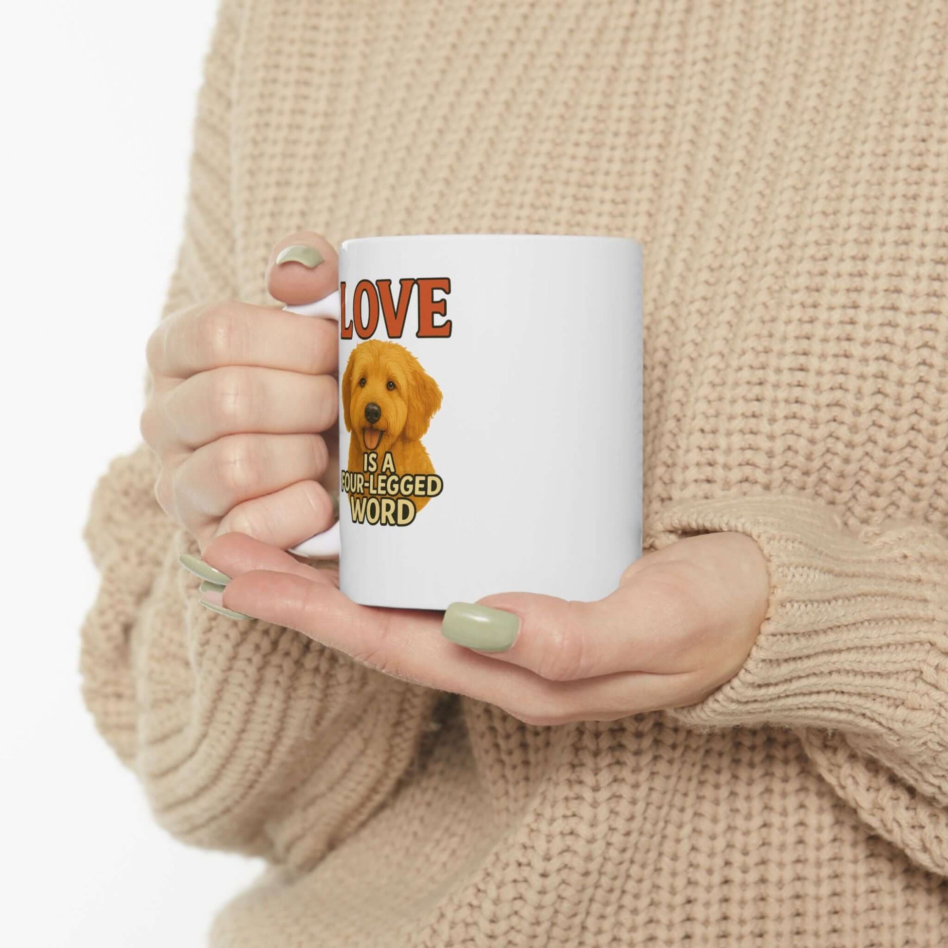 Goldendoodle Coffee Mug—"Love Is a Four-Legged Word" for dog lovers, perfect pet accessory for your morning coffee.