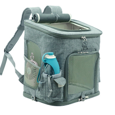 Gray pet carrier with water bottle holder on a white background