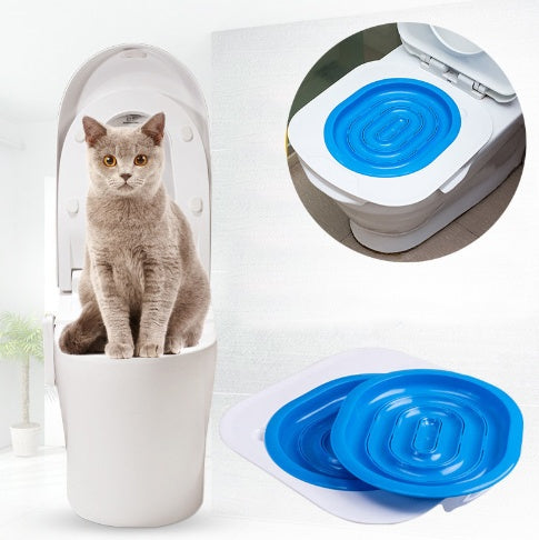 Cat using a self-cleaning litter box with blue cleaning pads on a white background