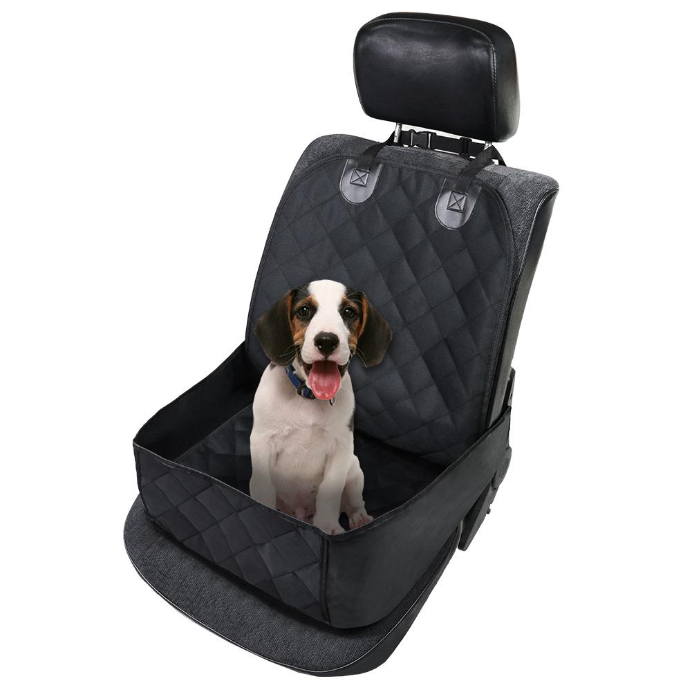 Black pet car seat cover with a dog inside on a white background