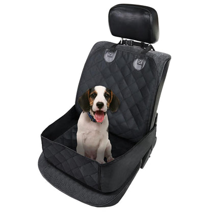 Black pet car seat cover with a dog inside on a white background