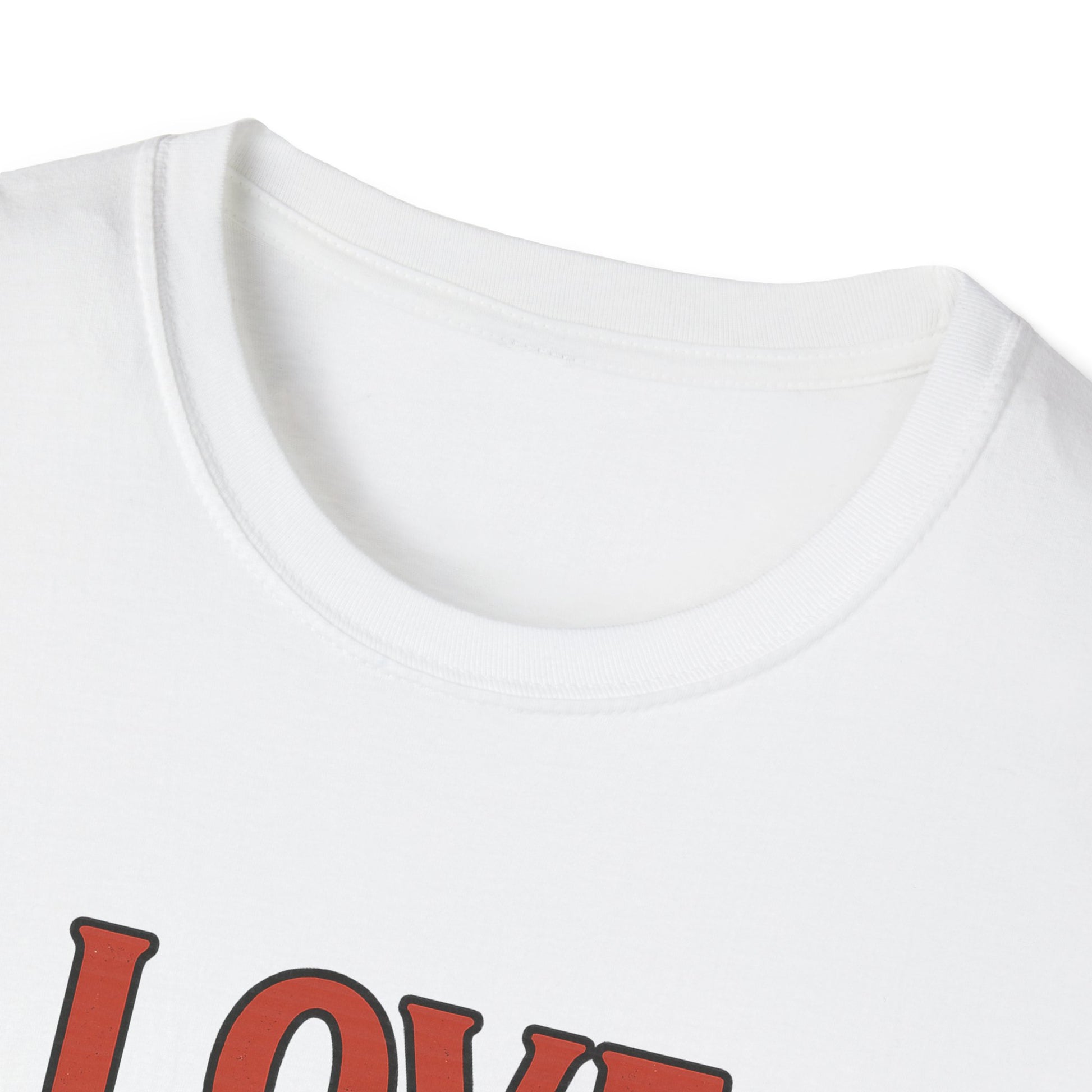 White t-shirt with red text on a white background