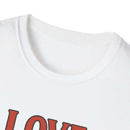 White t-shirt with red text on a white background