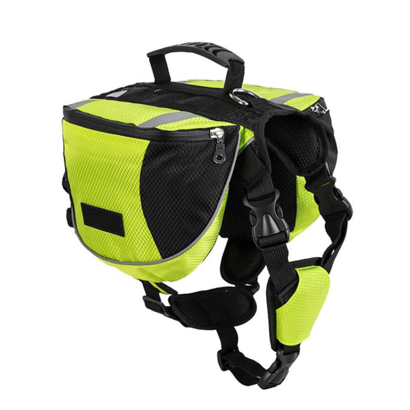 Yellow and black dog harness with reflective stripes on a white background