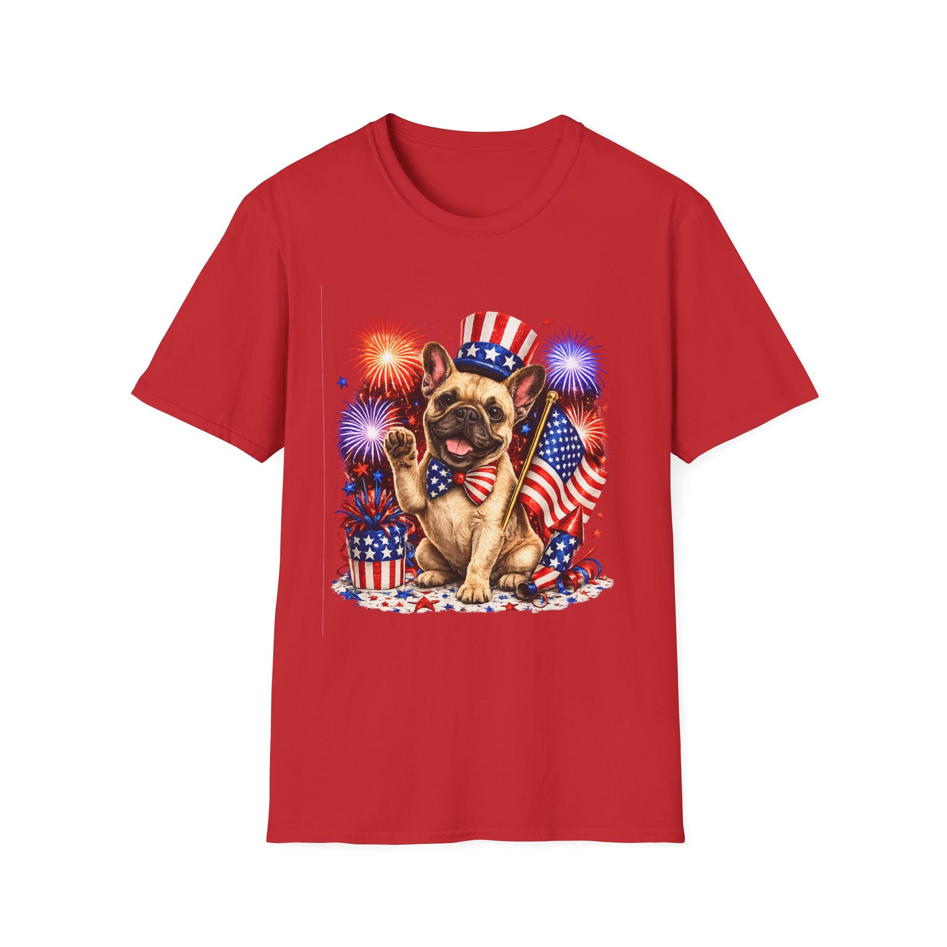 Red t-shirt with a dog graphic featuring American flags and fireworks on a white background
