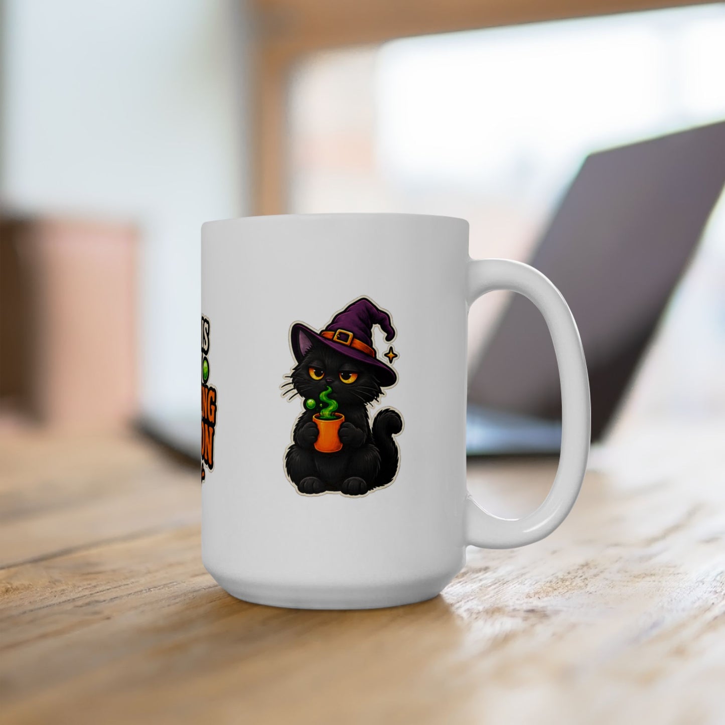 Black cat wearing a purple witch hat on white Halloween coffee mug