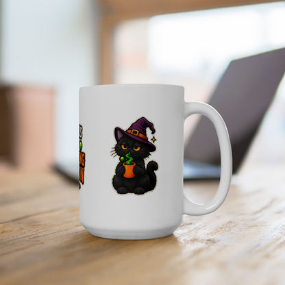 Black cat wearing a purple witch hat on white Halloween coffee mug