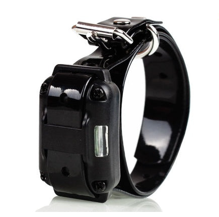 Black electronic collar with metal buckle on a white background