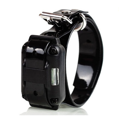 Black electronic collar with metal buckle on a white background