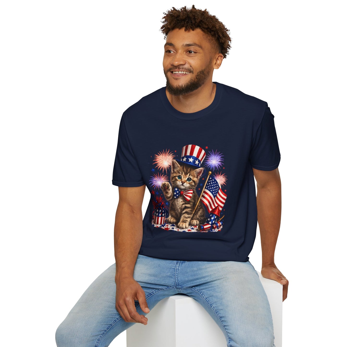 Man wearing a navy blue t-shirt with 'Tight Lines & Good Times' graphic design on a white background