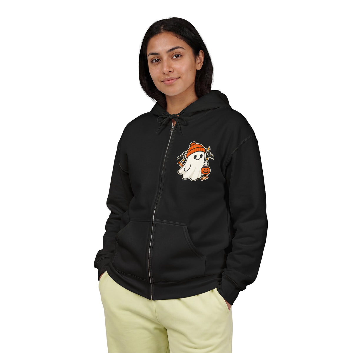 Black unisex Halloween zip-up hoodie with a trick-or-treat ghost design on the left chest