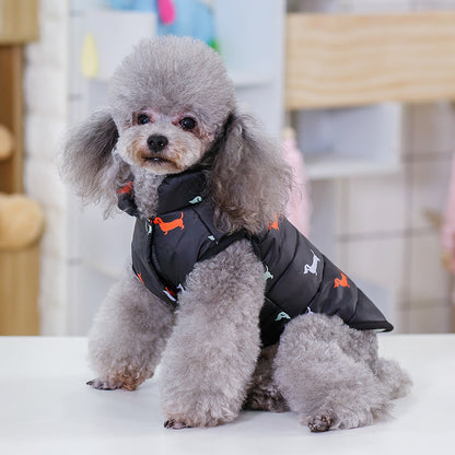 Small dog wearing a black puffer jacket with orange accents on a white surface.