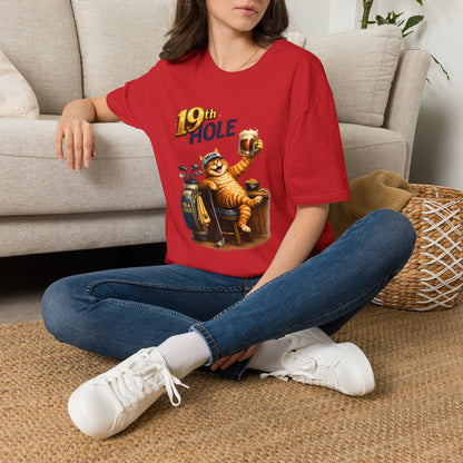 19th Hole funny cat golf T-shirt in red with orange tabby golfer