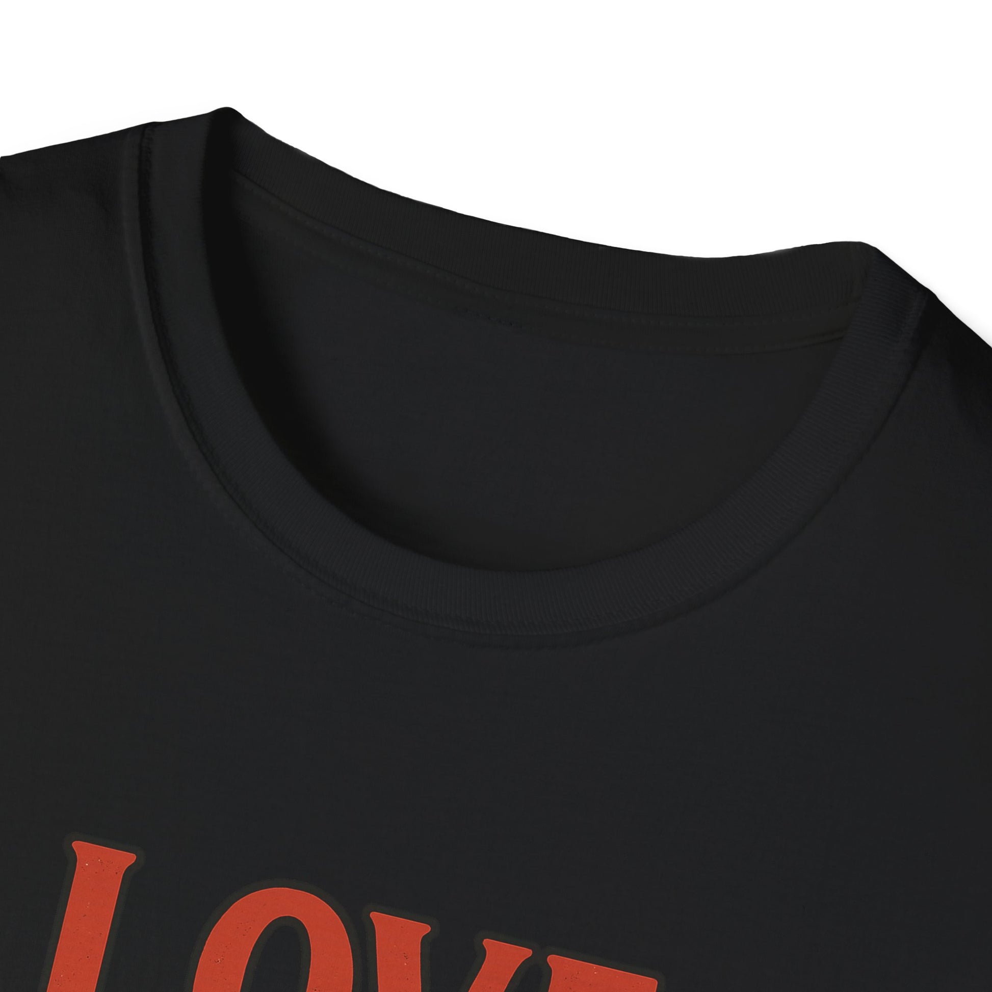 Black t-shirt with a small graphic of a lighter and flames on a white background