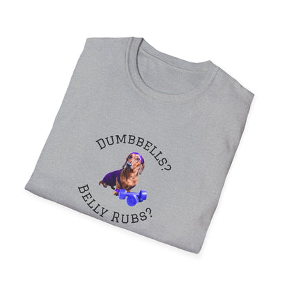 Folded gray t-shirt with a dog graphic and text on a white background