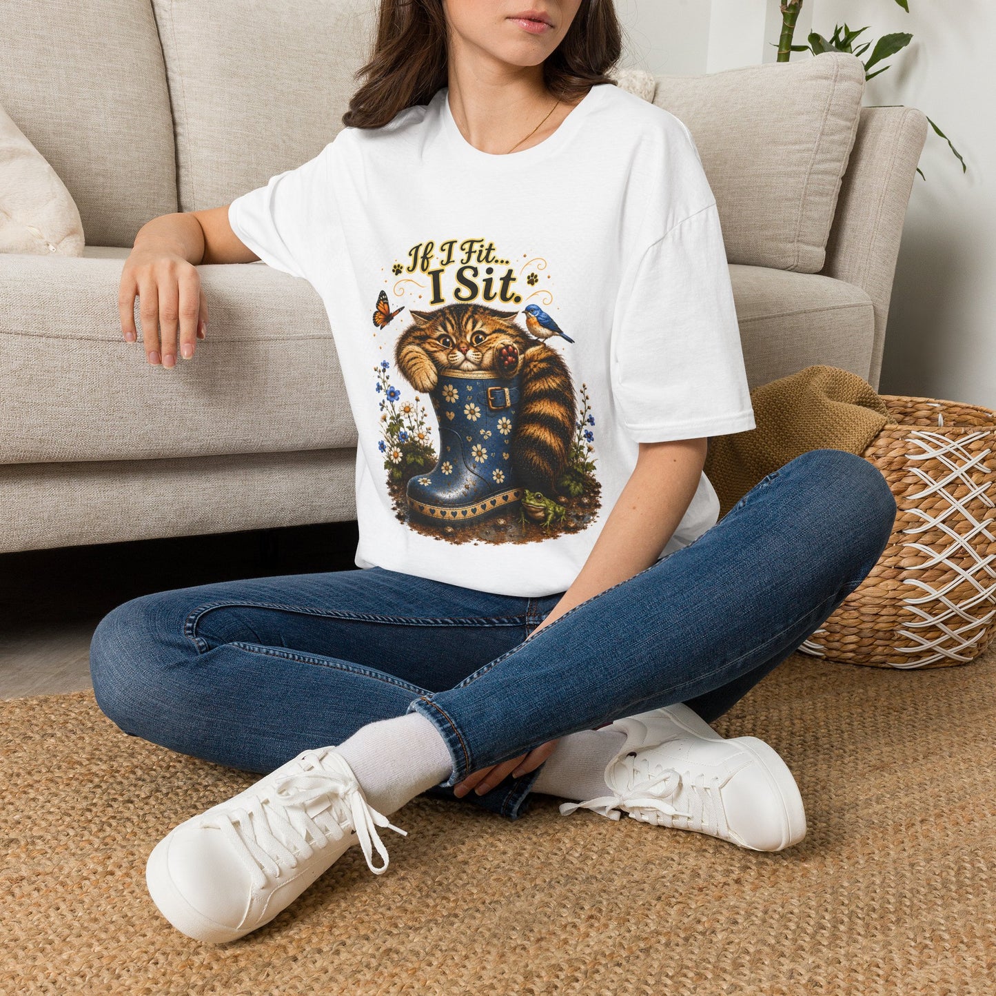 If I Fit... I Sit | Rain Boot Cat Shirt | Funny Gardening Kitty Tee | Cute Cat Lover Gif