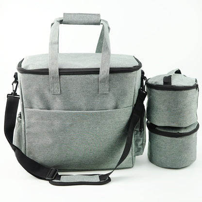 Gray cooler bag with detachable containers on a white background