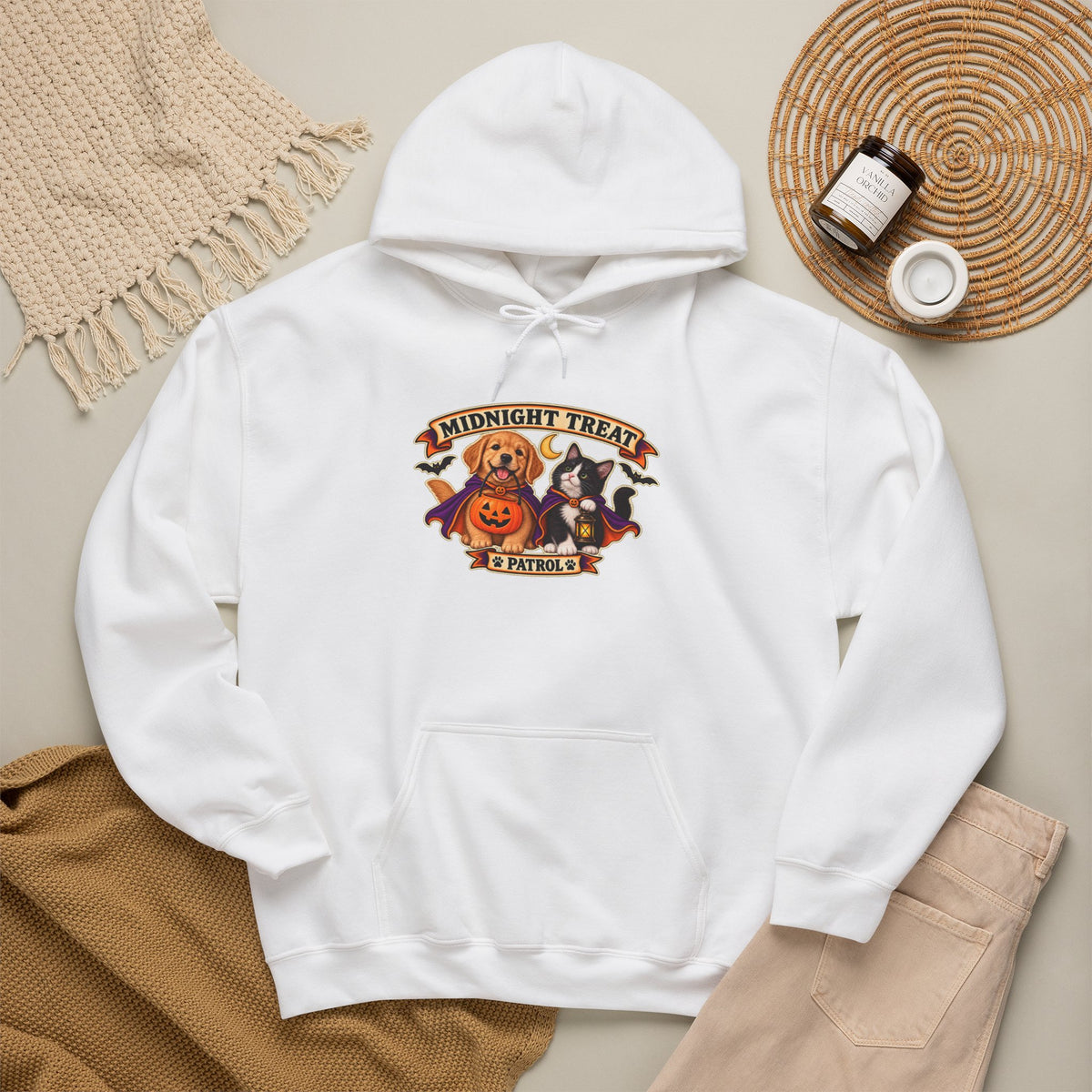 Midnight Treat Patrol Halloween puppy and kitten hoodie in white