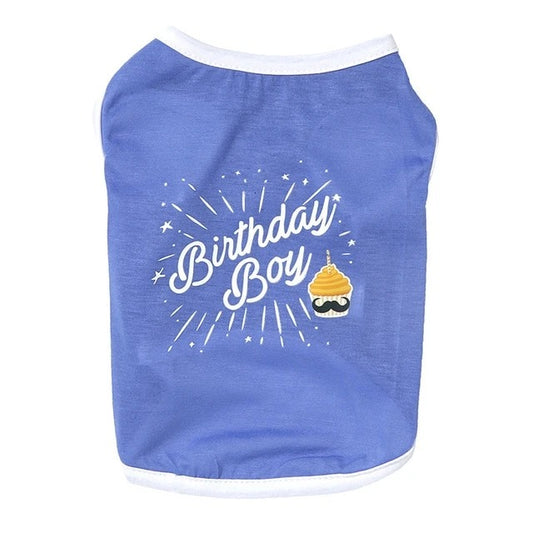 Blue pet shirt with 'Birthday Boy' and cupcake graphic on a white background