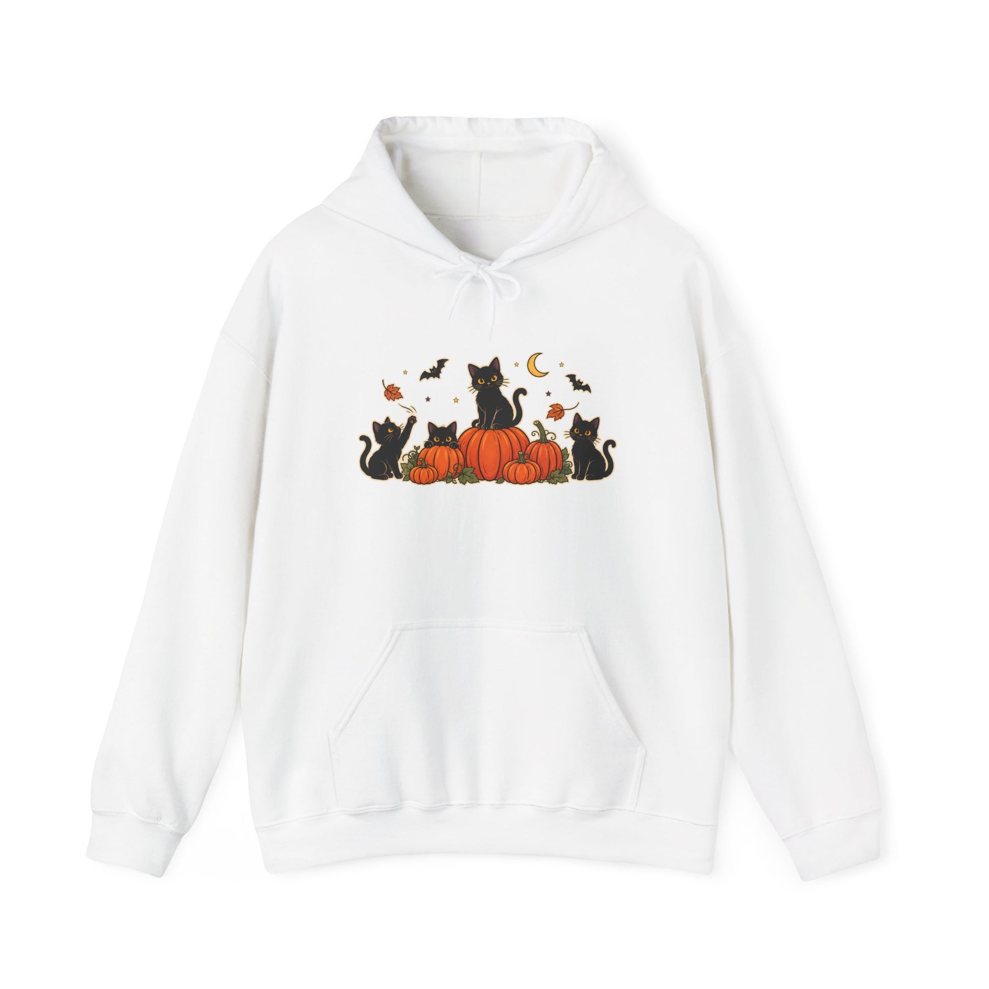 A white pullover hoodie with a front graphic of black cats sitting on orange pumpkins, surrounded by small bats, leaves, and a crescent moon, shown on a plain white background.