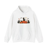 A white pullover hoodie with a front graphic of black cats sitting on orange pumpkins, surrounded by small bats, leaves, and a crescent moon, shown on a plain white background.
