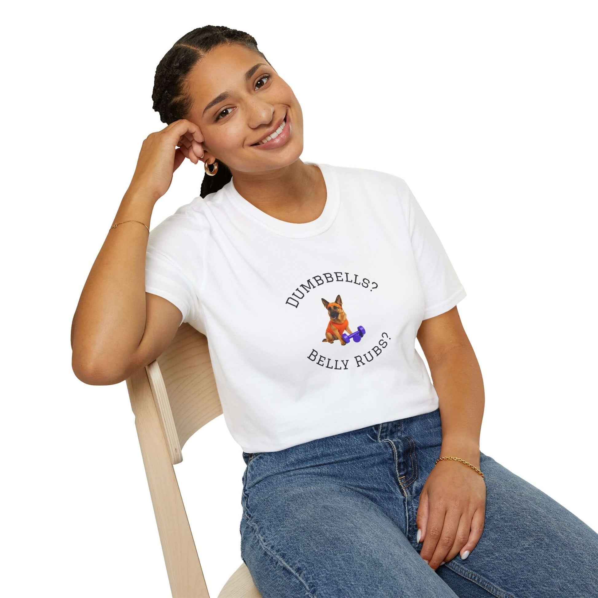 German Shepard Dog Lover Workout Tee –“Belly Rubs or Dumbbells?” featuring a smiling woman wearing the tee.