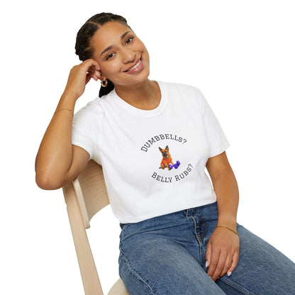 German Shepard Dog Lover Workout Tee –“Belly Rubs or Dumbbells?” featuring a smiling woman wearing the tee.