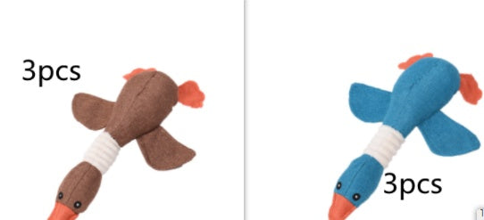 Two sets of plush toys, one brown and one blue, each set with three pieces on a white background.