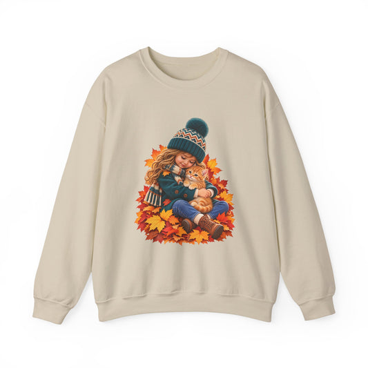 Sand crewneck sweatshirt featuring a little girl cuddling an orange tabby kitten among autumn leaves