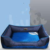 Blue pet bed with a visible brand logo on a light blue background