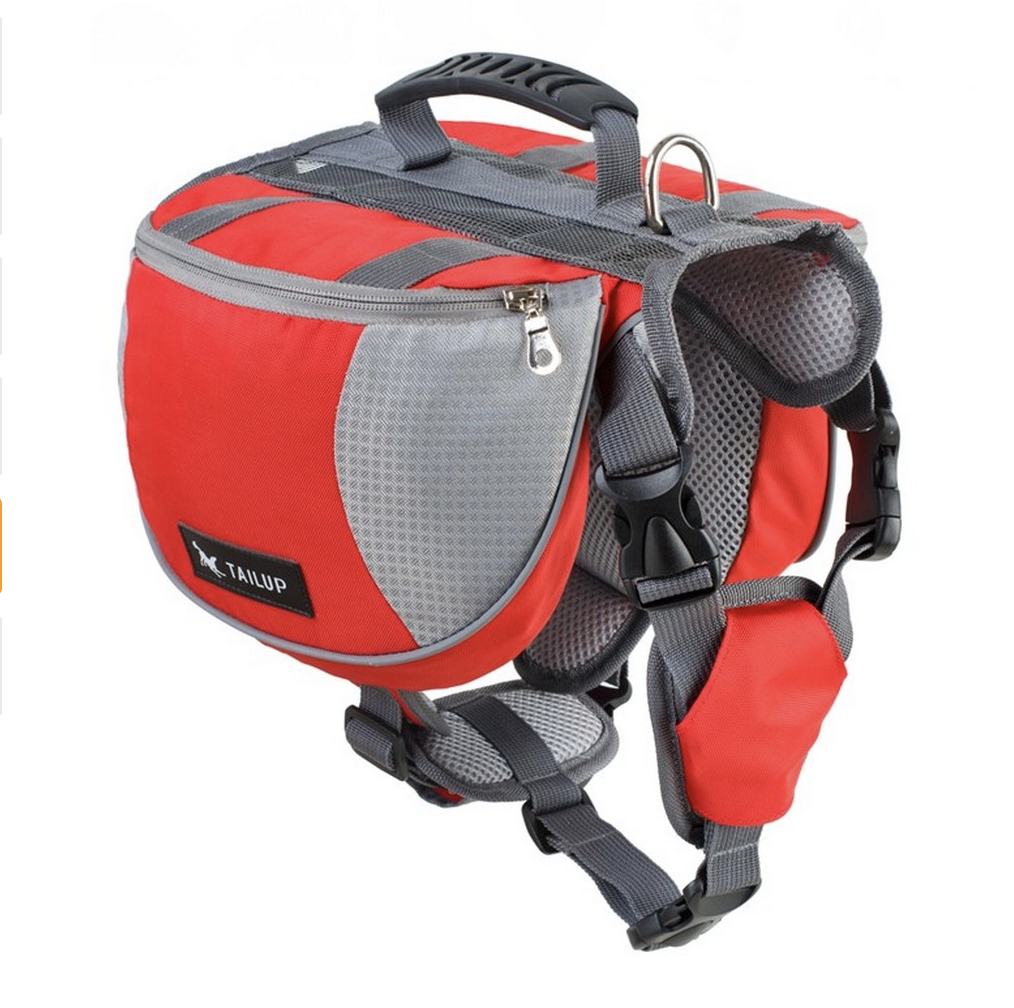 Red and gray saddlebag with handle and straps on a white background
