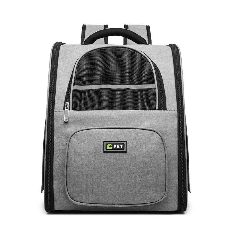 Gray pet carrier backpack with a visible brand logo on a white background