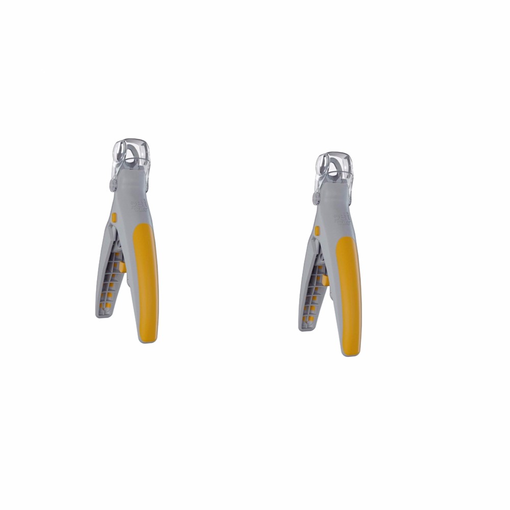Pair of gray and yellow nail clippers on a white background