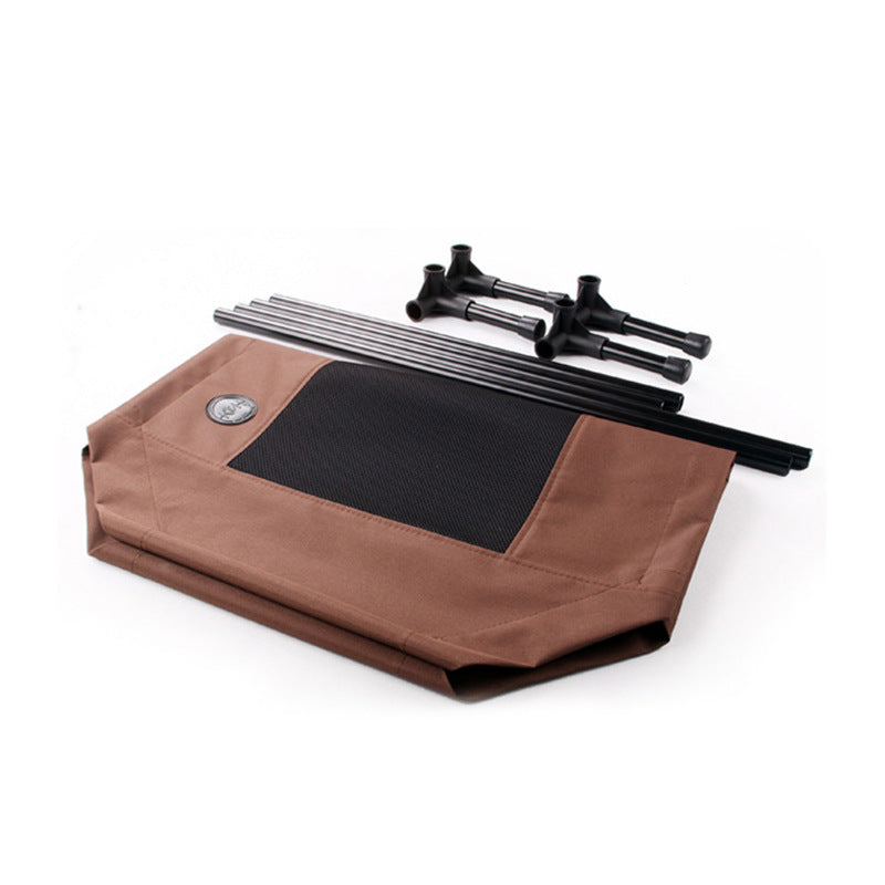Brown folding chair with black components on a white background