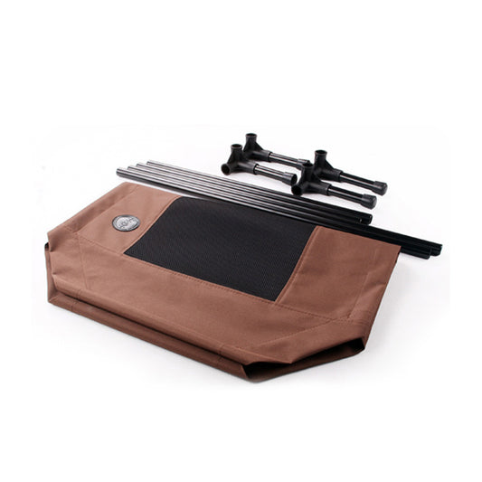 Brown folding chair with black components on a white background