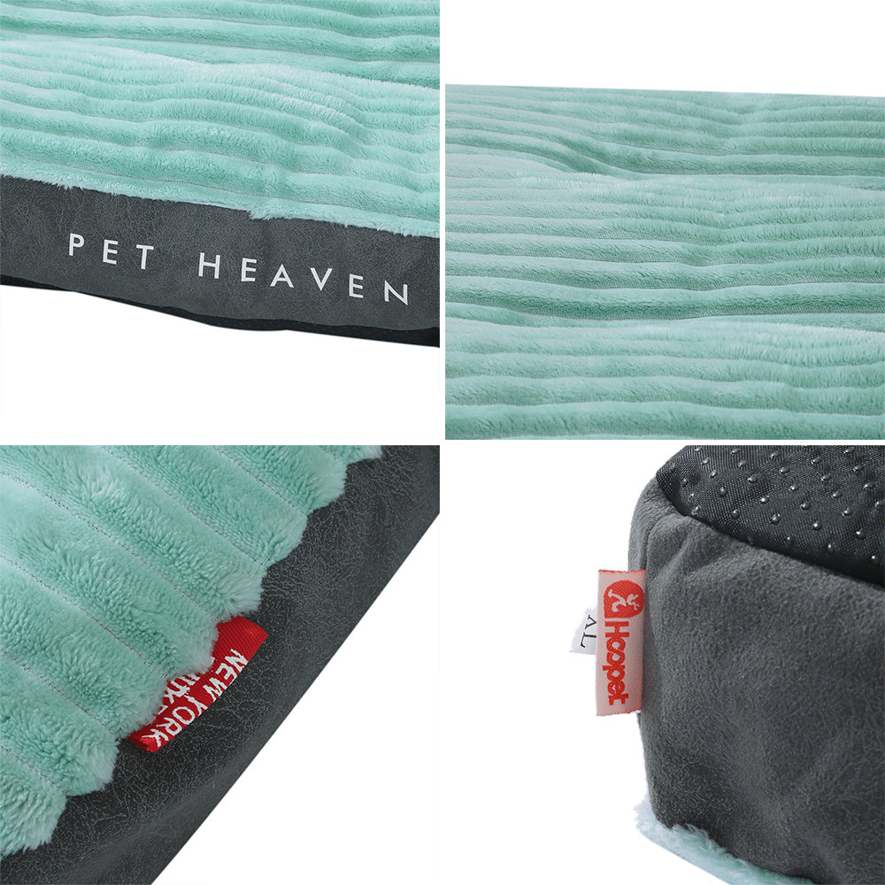 Collage of a pet bed with 'Pet Heaven' branding and close-up details.