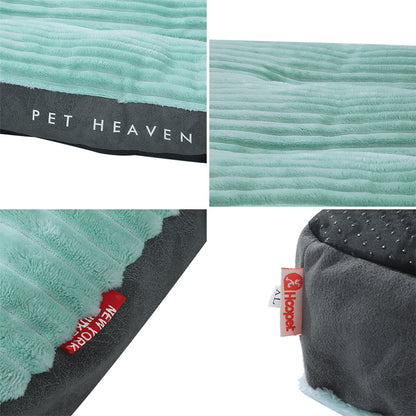 Collage of a pet bed with 'Pet Heaven' branding and close-up details.
