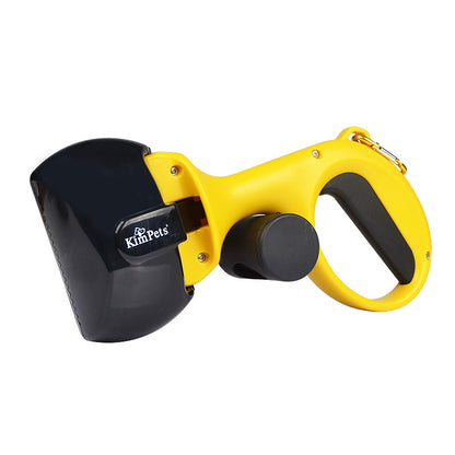 Yellow and black dog leash with Kimpet's branding on a white background