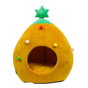 Yellow pet bed with star and button decorations on a white background