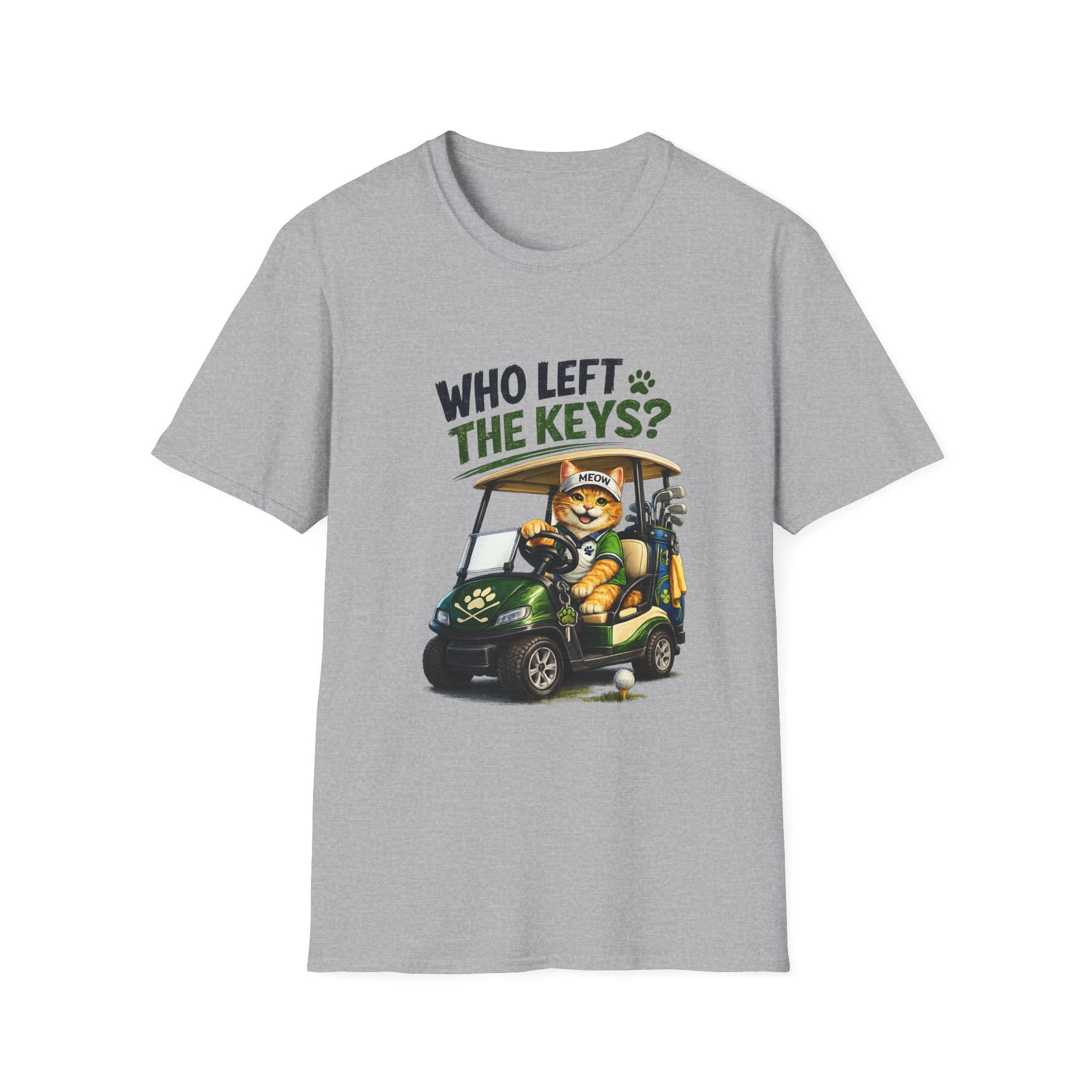 A heather gray short-sleeve crewneck t-shirt featuring a cartoon graphic of a cat driving a green golf cart with the text 'WHO LEFT THE KEYS?' printed on the chest.