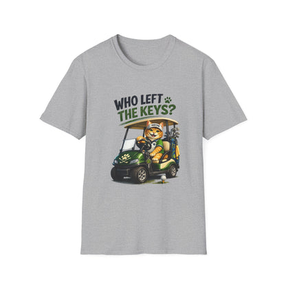 A heather gray short-sleeve crewneck t-shirt featuring a cartoon graphic of a cat driving a green golf cart with the text 'WHO LEFT THE KEYS?' printed on the chest.