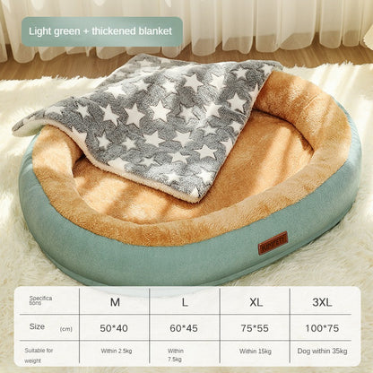 Pet bed with a light green exterior and beige interior, featuring a star-patterned blanket, on a soft surface.