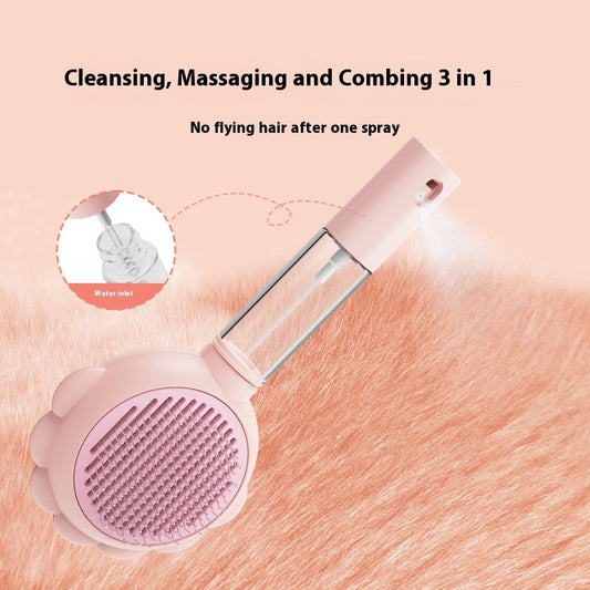 Pink grooming tool with text 'Cleansing, Massaging and Combing 3 in 1' on a peach background.