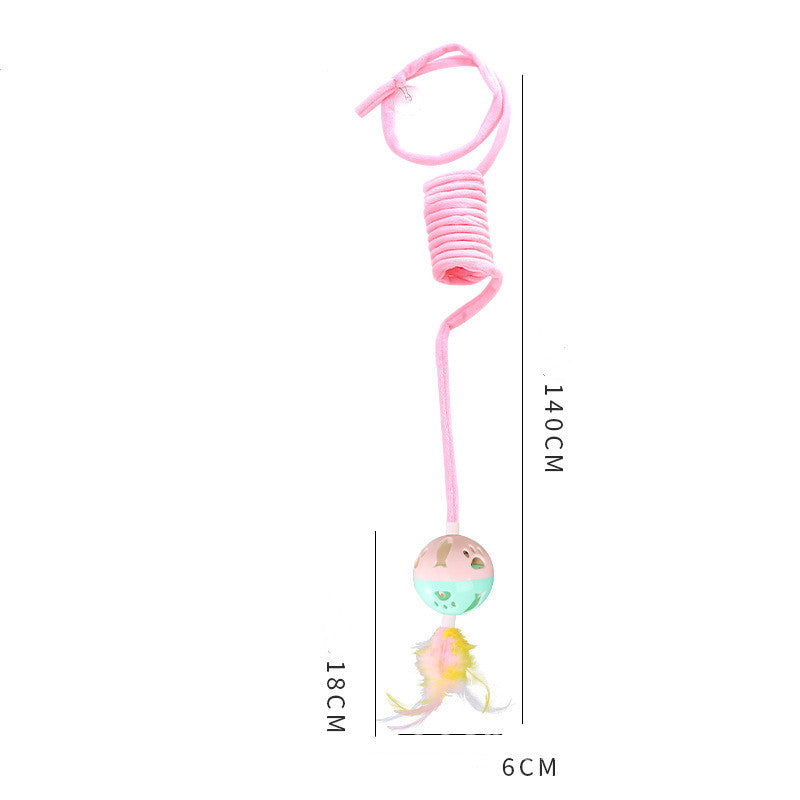 Colorful toy with a pink string and measurements on a white background
